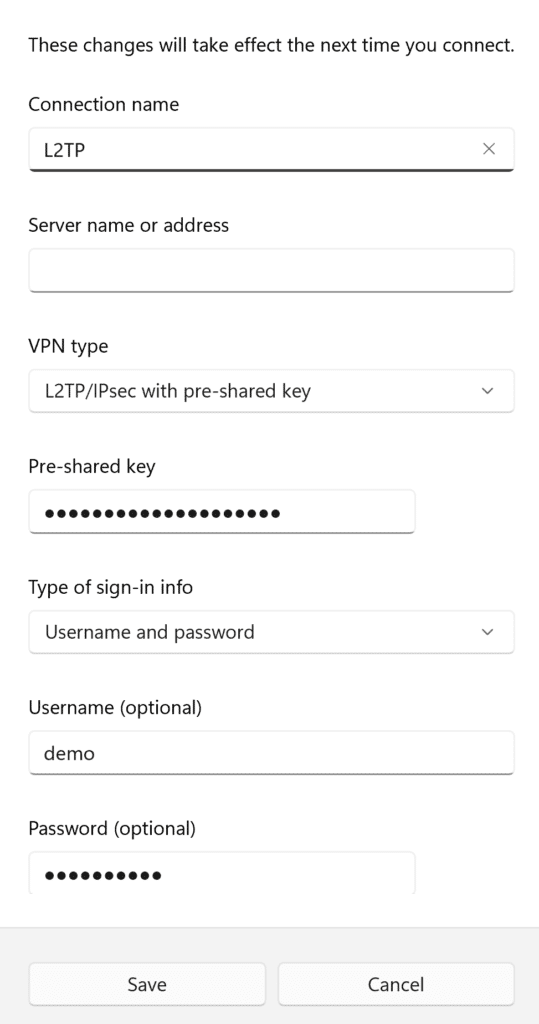 Screenshot showing how to set up the Windows L2TP VPN for Ubiquiti UniFi Dream Machine.