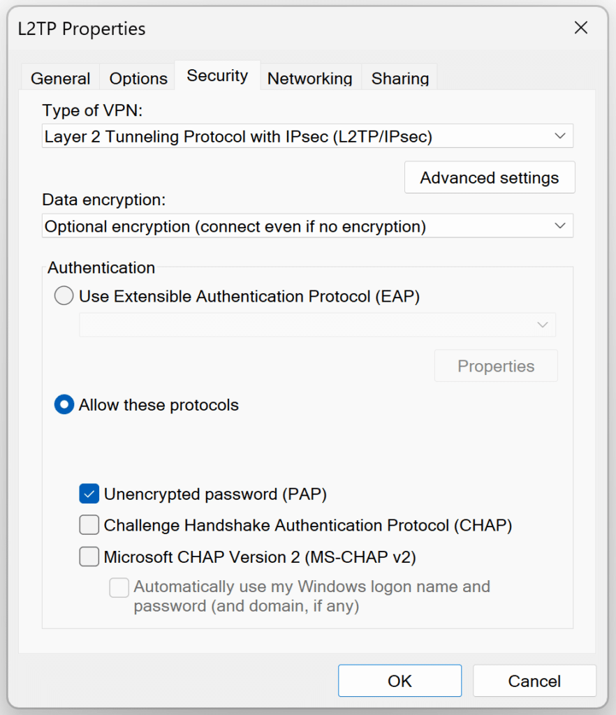 Screenshot showing how to set up the Security tab settings in the L2TP Properties window during the configuration of Windows VPN for Ubiquiti UniFi Dream Machine.