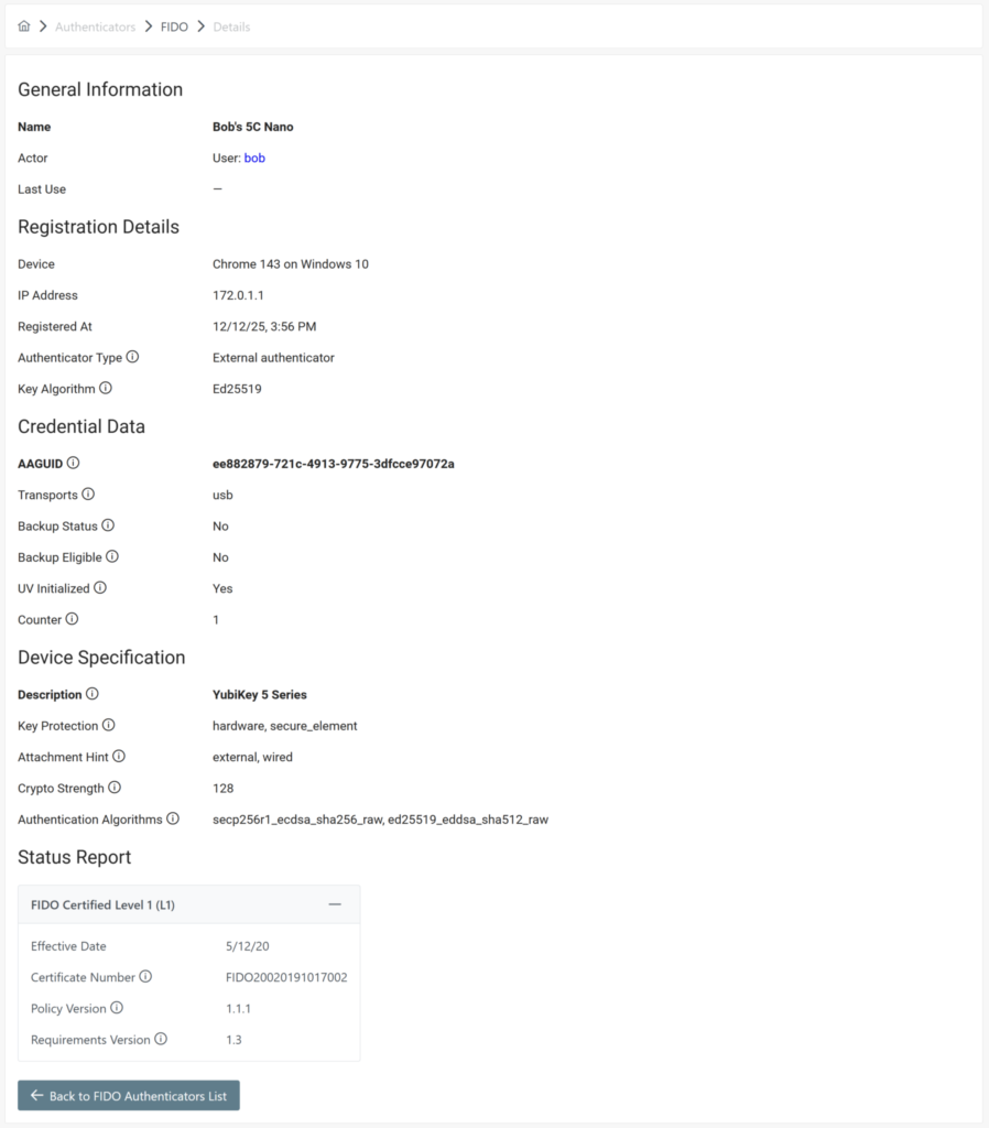 The details of a FIDO Authenticator in the Rublon Admin Console
