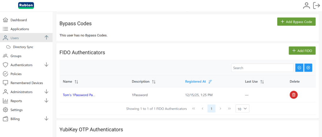 Viewing a specific user's FIDO authenticators on their individual user profile
