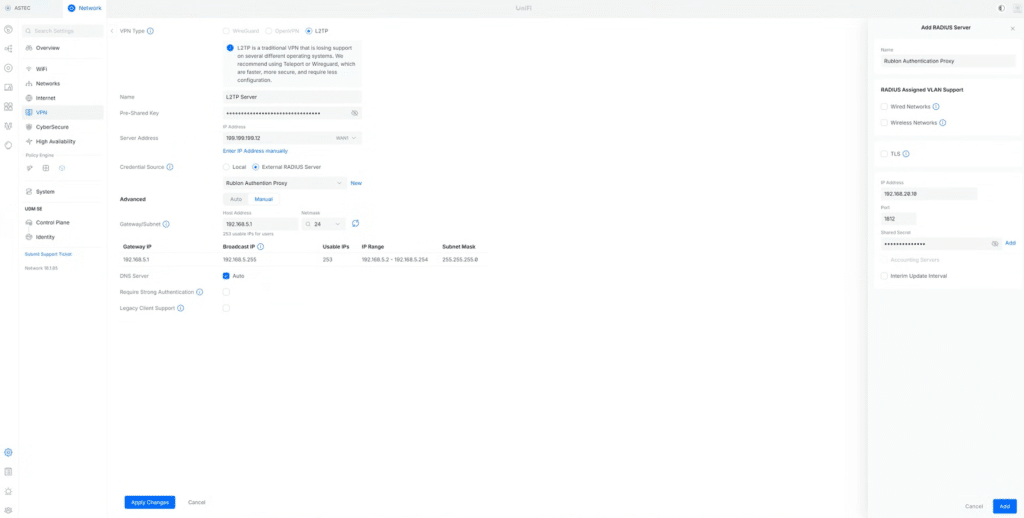 Screenshot showing External RADIUS Server creation during Ubiquiti UniFi Dream Machine - L2TP Configuration.