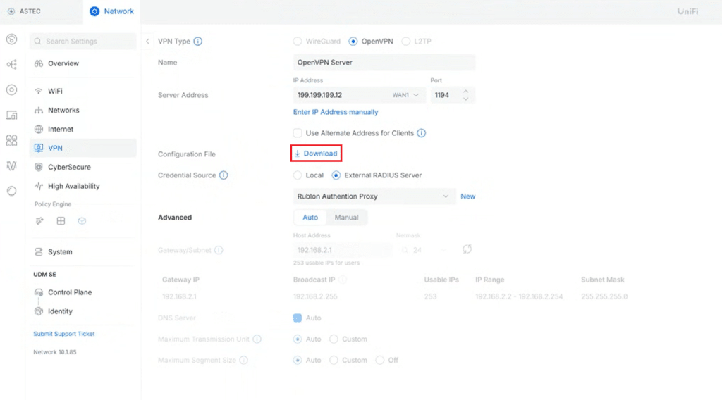 Screenshot showing downloading the OpenVPN profile configuration file during Ubiquiti UniFi Dream Machine configuration.