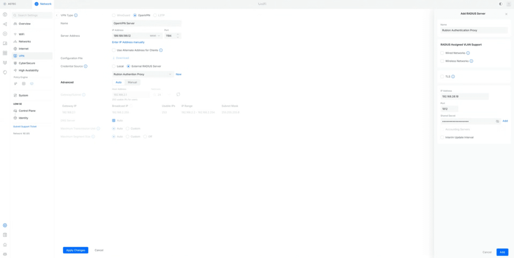 Screenshot showing External RADIUS Server creation during Ubiquiti UniFi Dream Machine - OpenVPN Configuration.