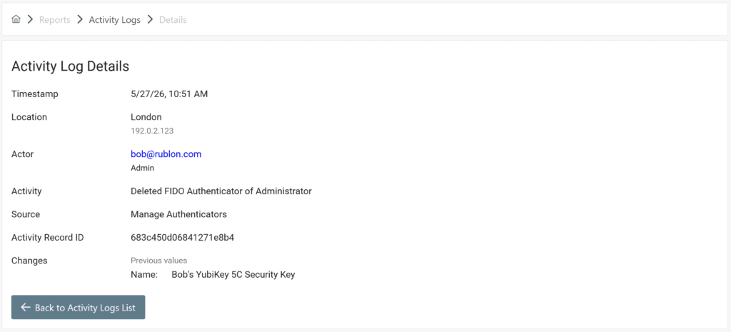 Screenshot showing activity log details pertaining to deleting a FIDO authenticator