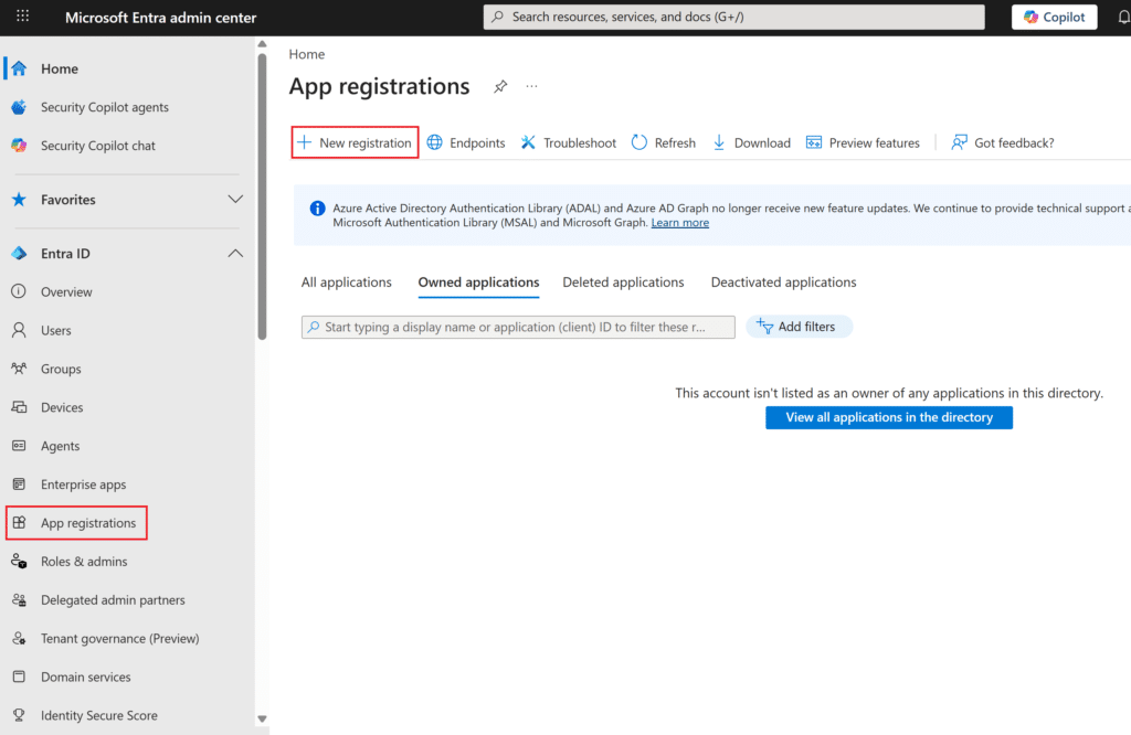 Screenshot showing the App registrations tab in the Entra ID admin center