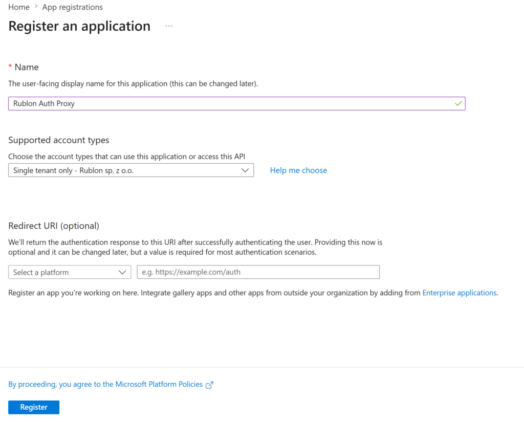 Screenshot showing registering a new application in Entra ID admin center