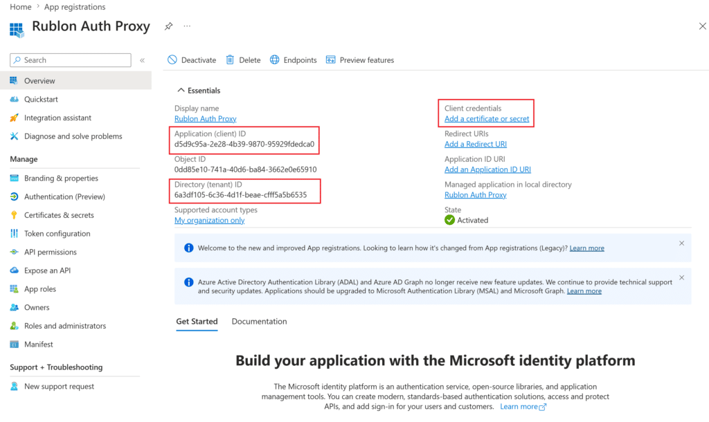 Screenshot showing Application (client) ID and Directory (tenant) ID that must be copied into the Rublon Authentication proxy config file along with the option do add a certificate or secret