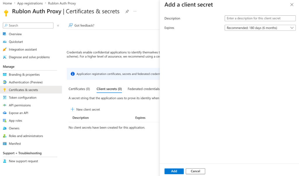 Screenshot showing adding a client secret in the Entra ID admin center