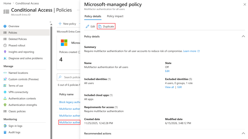 Screenshot showing how to duplicate a Microsoft-managed policy