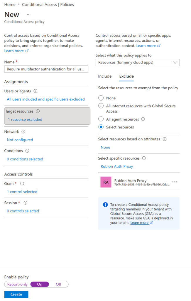 Screenshot showing exempting Rublon Auth Proxy from the policy