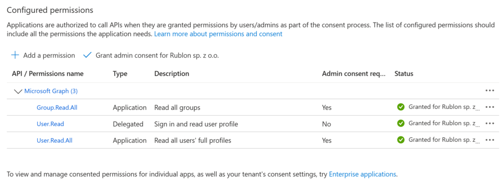 Screenshot showing Microsoft Graph permissions to add in the Entra ID admin center