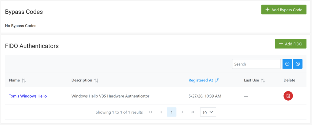 Viewing a specific user's FIDO authenticators on their individual user profile