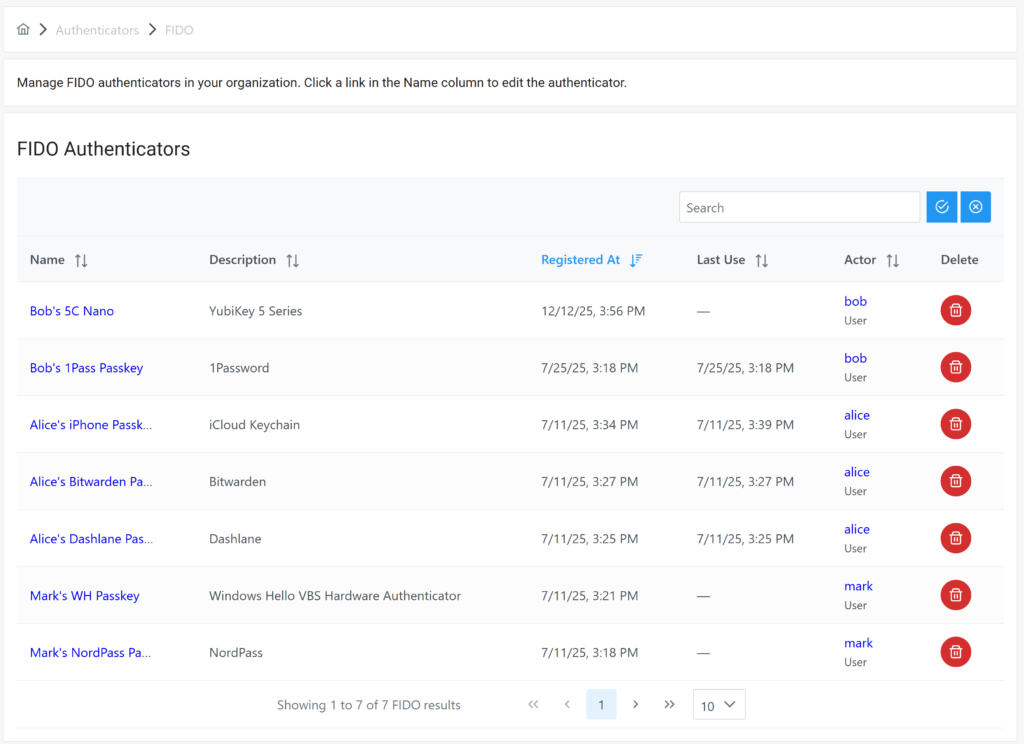 The FIDO Authenticators tab in the Rublon Admin Console