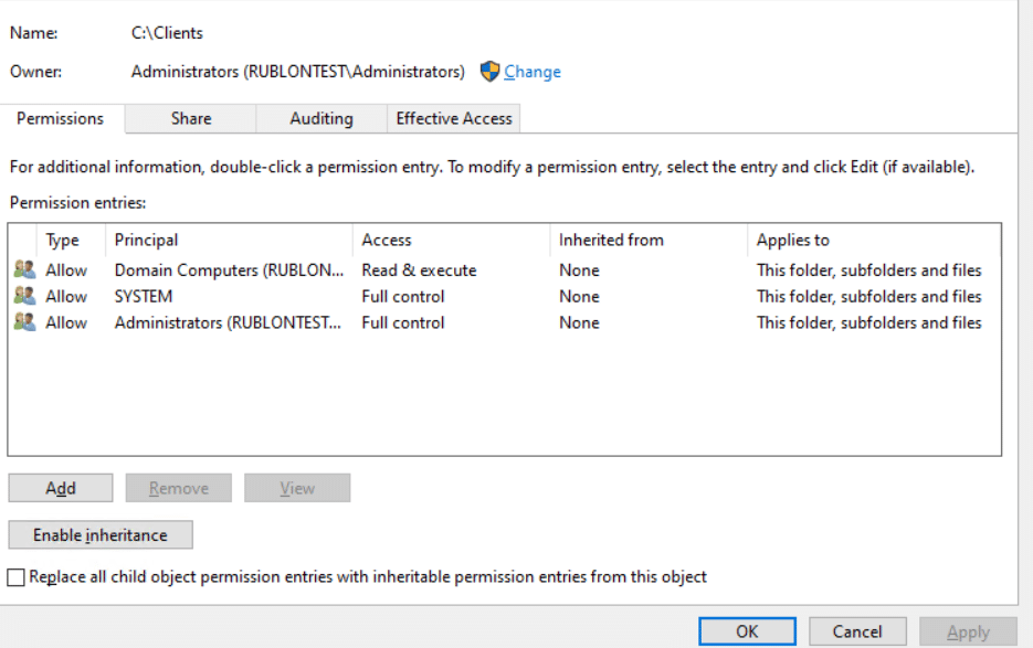 Advanced Security Settings for the Rublon MFA deployment folder showing permission entries for Domain Computers, SYSTEM, and administrators