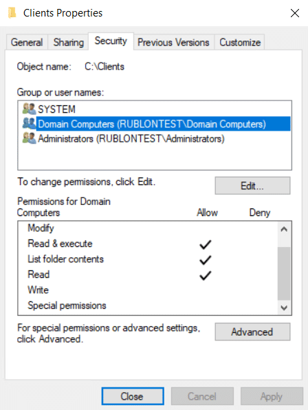 Windows Security tab showing permissions for SYSTEM, Domain Computers, and administrators on the Rublon MFA deployment folder