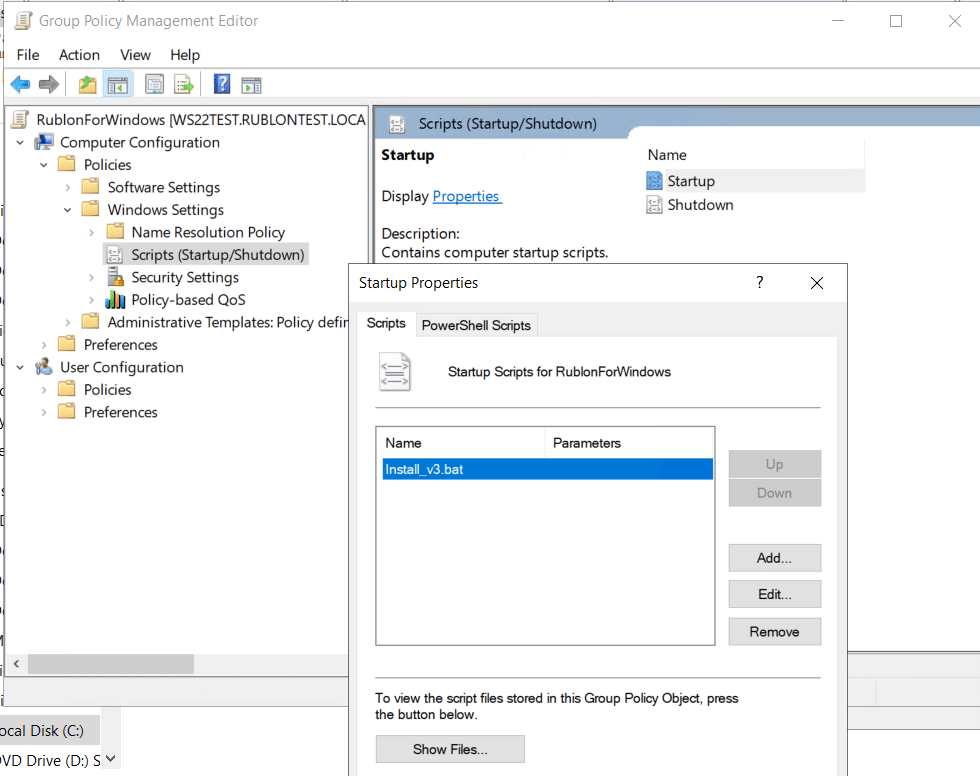 Group Policy Management Editor showing InstallRublonMFA.bat configured as a computer startup script