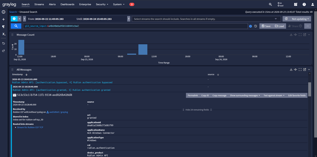 Graylog CEF showing a received Rublon MFA authentication log with extracted fields