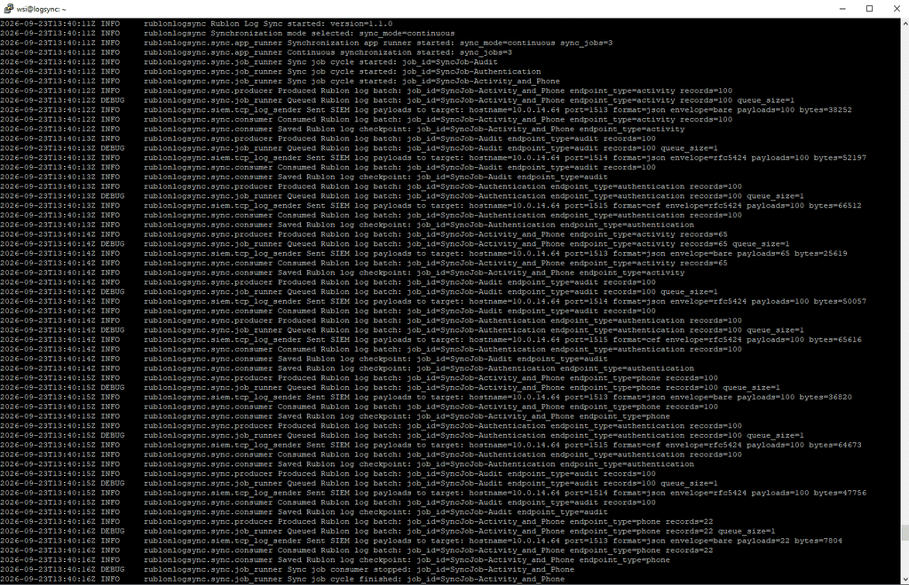 Rublon Log Sync terminal showing a sync