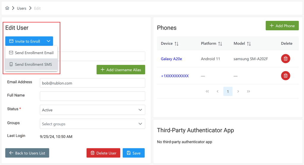 Rublon Admin Console showing the Send Enrollment SMS option under Invite to Enroll