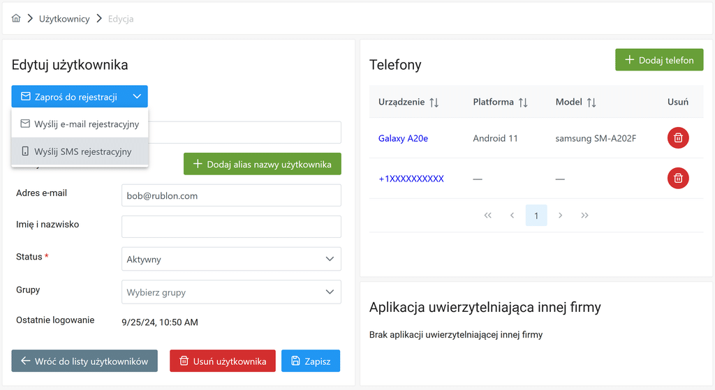 Konsola Rublon Admin Console z opcją Send Enrollment SMS (Wyślij SMS rejestracyjny) pod przyciskiem Invite to Enroll (Zaproś do rejestracji)