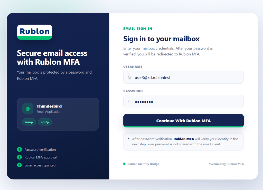 Rublon Identity Bridge email sign-in page for Thunderbird with username and password fields.