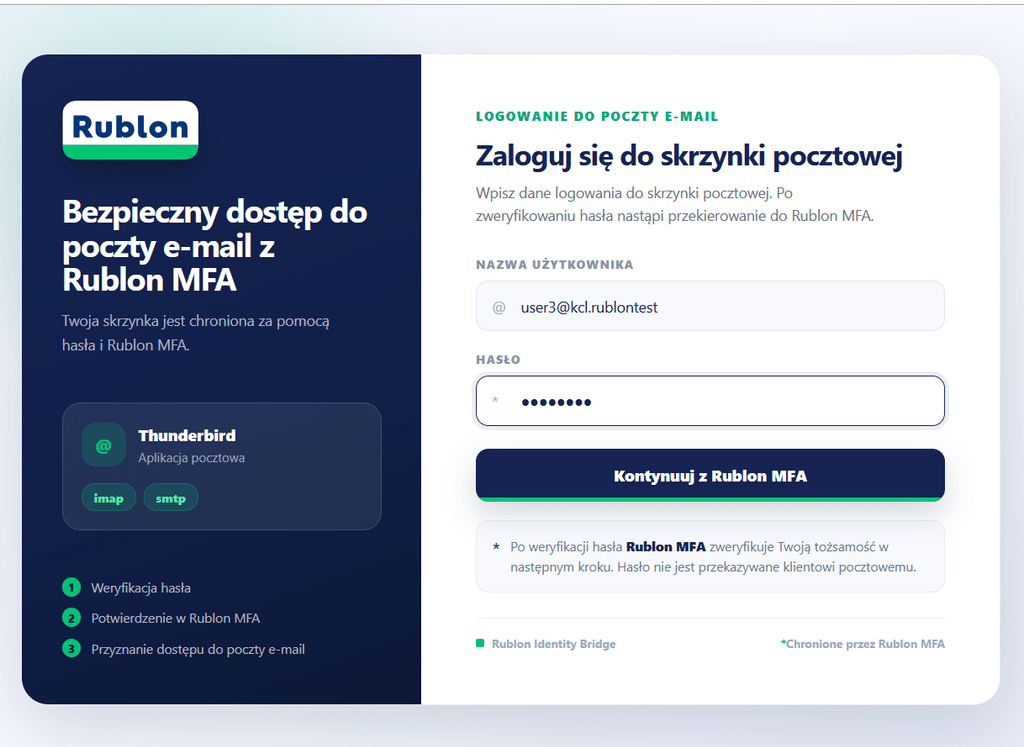 Strona logowania do poczty w rozwiązaniu Rublon Identity Bridge dla klienta Thunderbird z polami nazwy użytkownika i hasła.