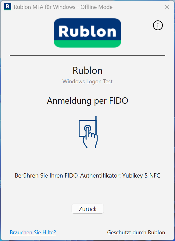 Der Offline Mode in Rublon MFA für Windows fordert den Benutzer auf, einen registrierten FIDO-Sicherheitsschlüssel zu berühren.