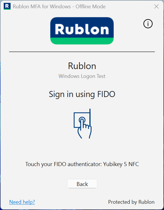Rublon MFA for Windows Offline Mode asking the user to touch an enrolled FIDO security key.