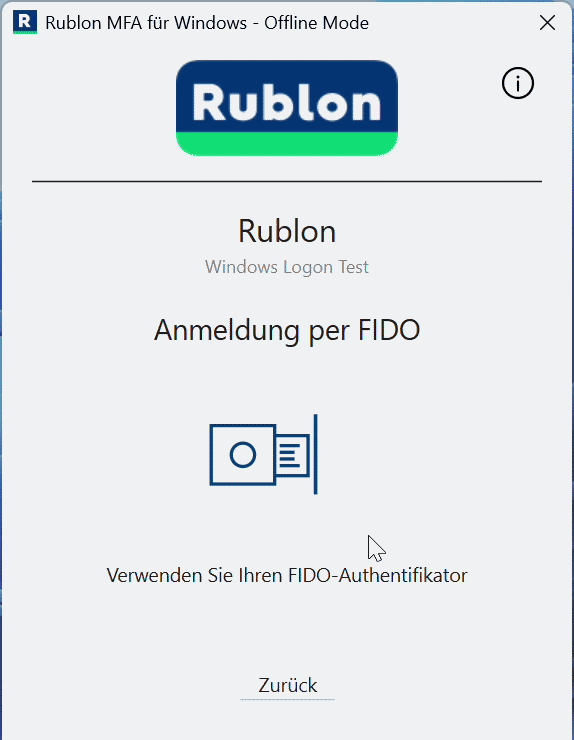 Offline-Anmeldung bei Windows mit einem FIDO-Authentifikator über Rublon MFA.