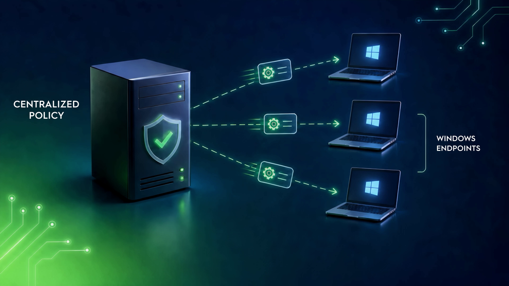 Image showing a centralized policy set in Rublon Endpoint Shield being applied to multiple Windows endpoints.