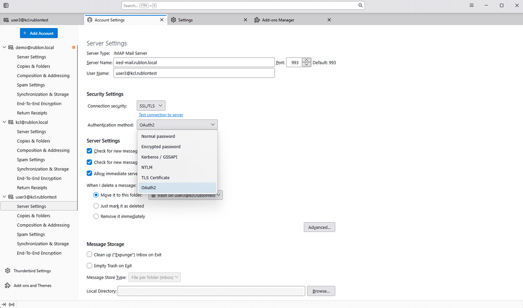 Thunderbird IMAP server settings with OAuth2 selected as the authentication method.