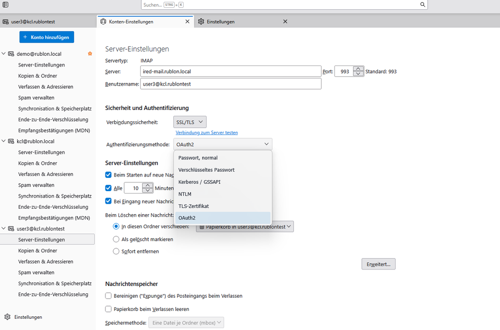 IMAP-Servereinstellungen in Thunderbird mit OAuth2 als ausgewählter Authentifizierungsmethode.