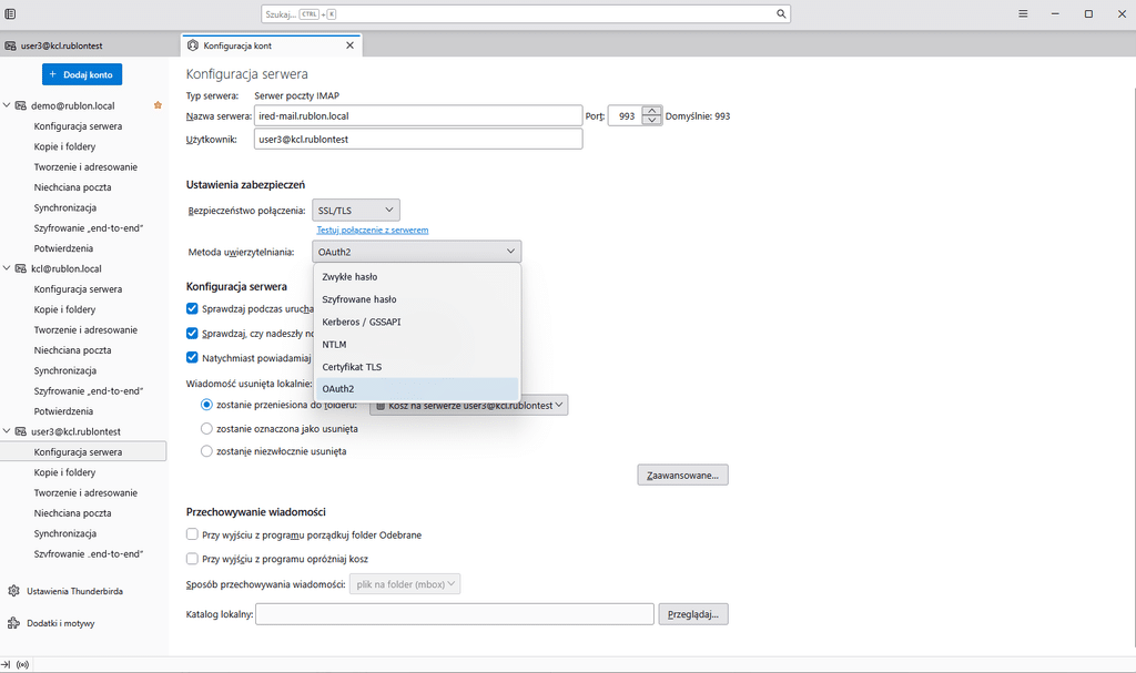 Ustawienia serwera IMAP w kliencie Thunderbird z wybraną metodą uwierzytelniania OAuth2.