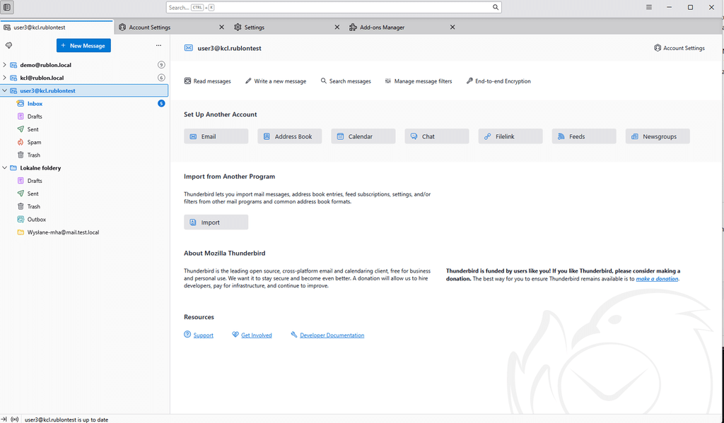 Thunderbird displaying the configured email account and its mailbox folders.
