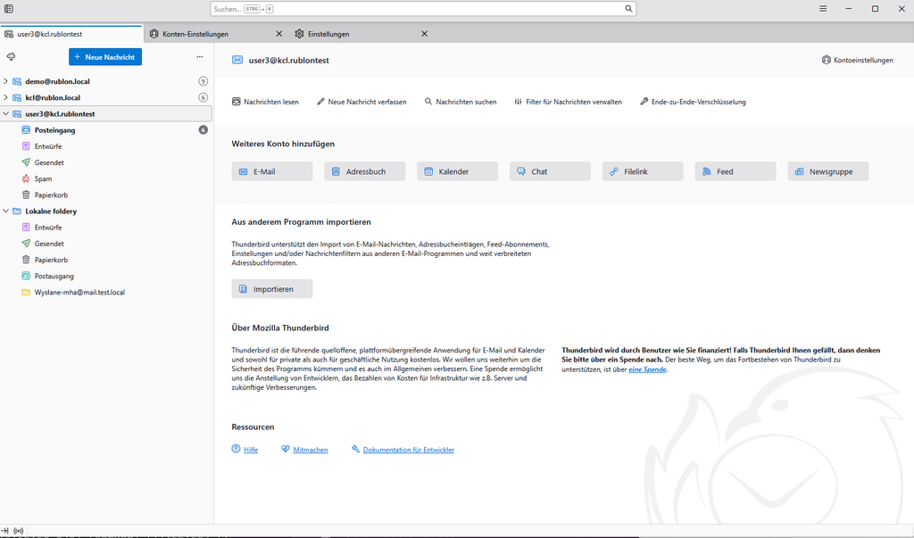 Thunderbird zeigt das konfigurierte E-Mail-Konto und die zugehörigen Postfachordner.