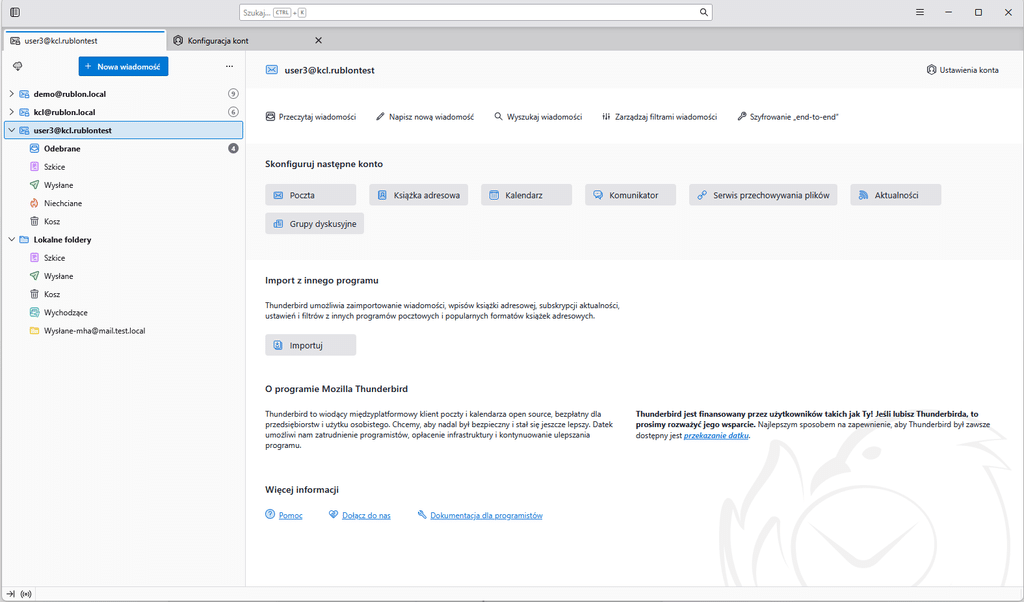 Klient Thunderbird wyświetlający skonfigurowane konto pocztowe i foldery skrzynki pocztowej.
