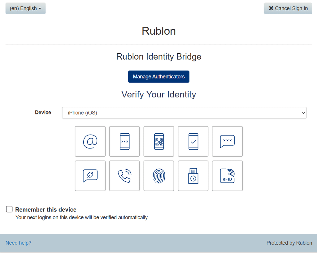 Rublon Prompt showing authentication methods during sign-in to the Dovecot email environment.