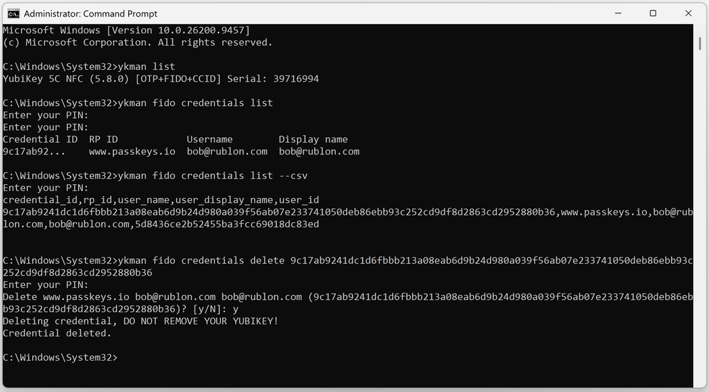 Screenshot showing listing passkeys and then deleting a passkey based on its credential ID.