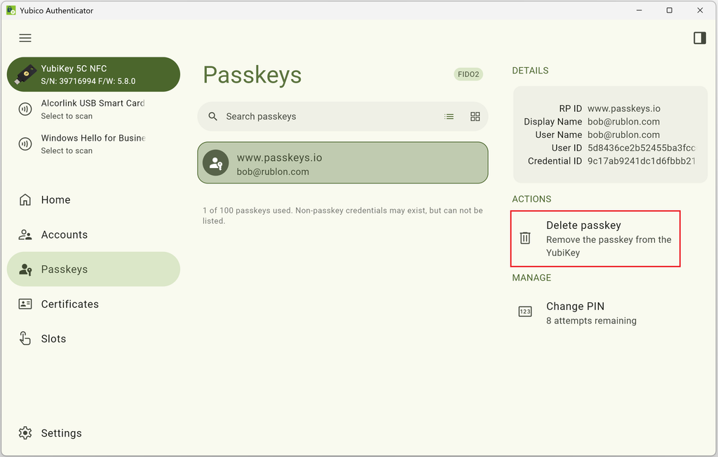 Screenshot showing how to delete a passkey from a YubiKey using Yubico Authenticator