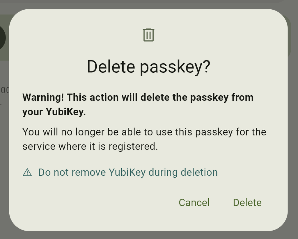 Screenshot showing the passkey deletion confirmation dialog.
