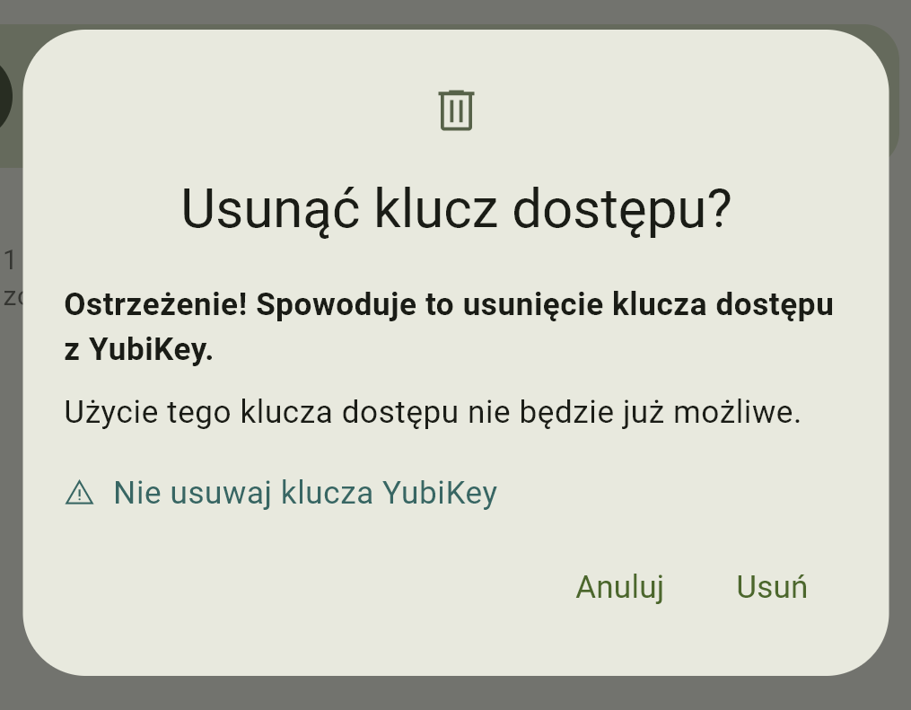 Zrzut ekranu pokazujący okno potwierdzenia usunięcia klucza dostępu.
